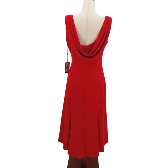 ADRIANNA PAPELL 4 S True Red Knee Length Metallic Knit Cowl Back Dress NWT B38 - Picture 1 of 11